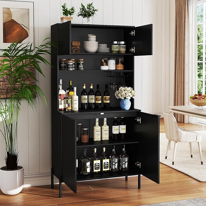 Giantex 64.5" Kitchen Pantry Cabinet with Charging Station, Tall Buffet Hutch with Storage Cabinets, Adjustable Shelf, Wine Racks, Modern Sideboard for Dining Room, Living Room, Coffee Bar, Black