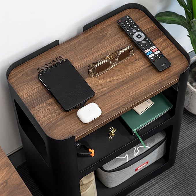 Desky Minimal Open Mobile Pedestal – 3-Tier Open Storage Cabinet with Hidden Swivel Casters and Integrated Cable Management, Black Frame/Classic Oak