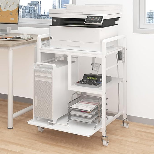 Sedegn Home Printer Stand with Charging Station, 24x18 Inches Stands for Large Printer, Printer Shredder Stand with Storage for Home Office, Table for Fax Machine/PC Tower (White)