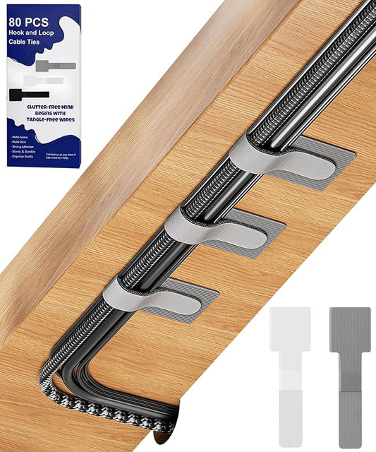 80PCS Hook and Loop Cable Ties, Under Desk Cable Management, Adhesive Cable Straps, Cord Management Hider Idea, Cord Organizer for Desk, Computer Accessories, Home Office Organization, White+Gray