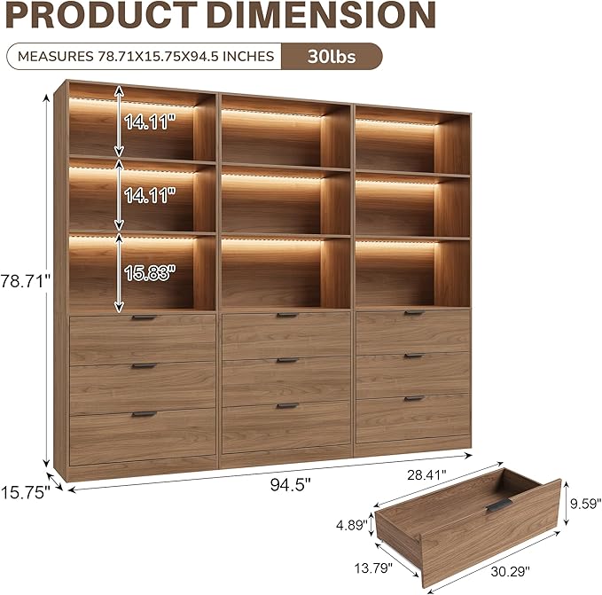 Mekminop 3PCS Lighted Bookshelf and Bookcase, 5-Tier Modern Bookshelves with 3 Large Drawers, Display Cabinet with Lage Storage Shelves for Home Office