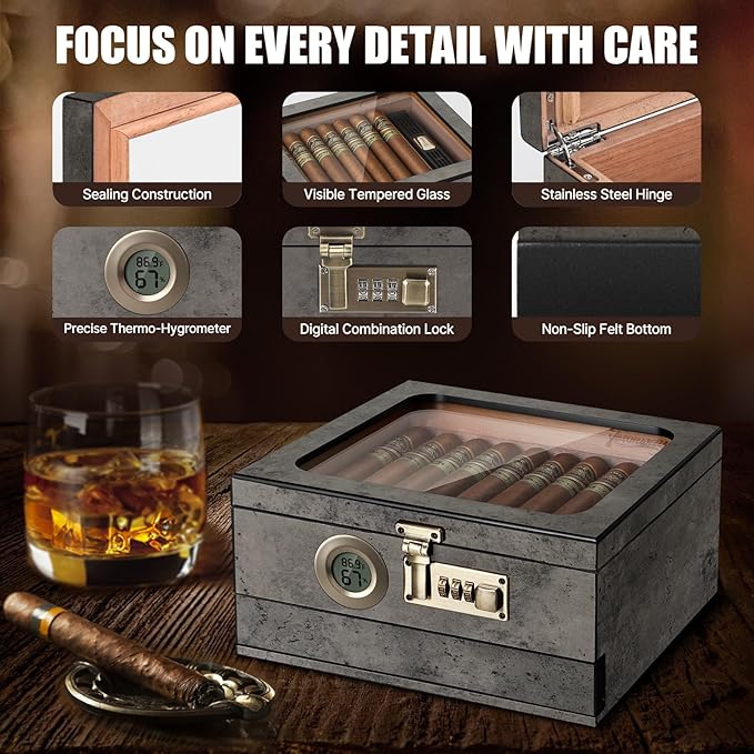 Tesonway Cigar Humidor,Cedar Wood Humidor Cigar Box,Glass Top Desktop Humidor with Digital Thermo-Hygrometer, Humidifier, Divider, Accessories Drawer and Combination Lock,Cigar Gift for Men