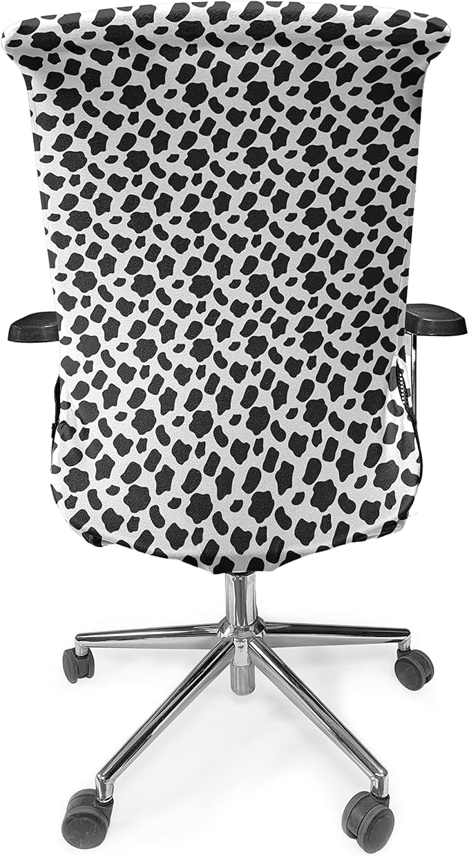 Ambesonne Cow Print Office Chair Cover, Cattle Skin Pattern Scattered Spots Animal Hide Plain and Pasture Theme, Stretchable Decorative Universal Size High Back Printed Slipcover, White and Black