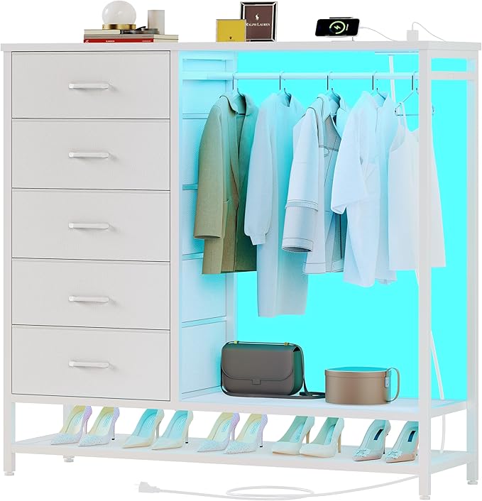 Dresser for Bedroom, Dresser with Hanging Rack Led Lights and Charging Station, White Bedroom Dresser with 5 Fabric Chest of Drawers with PU Finish Storage Organizer, for Living Room Hallway, White