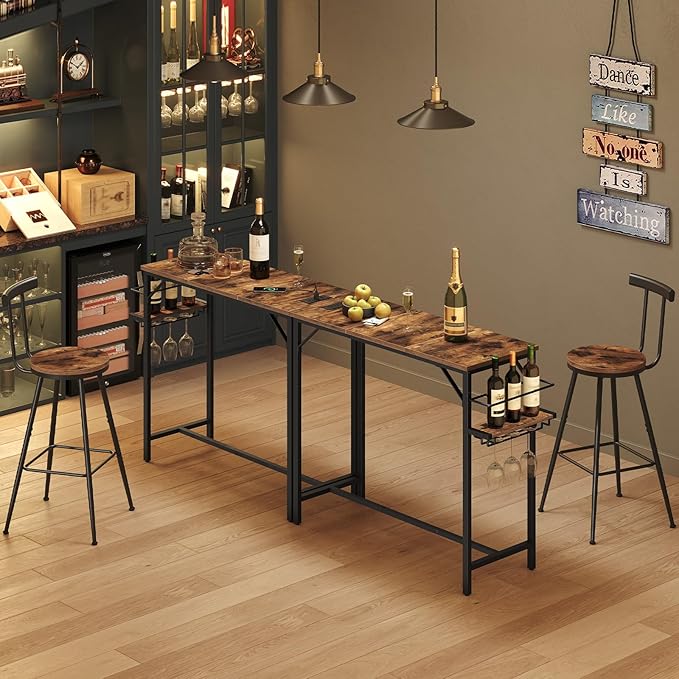 MAHANCRIS Bar Table, 35.4-Inch Counter Height Pub Table with Charging Station, Rectangular Dining Table with Wine Rack and Glass Holder, High Top Cocktail Tables, for Kitchen (Only Table)