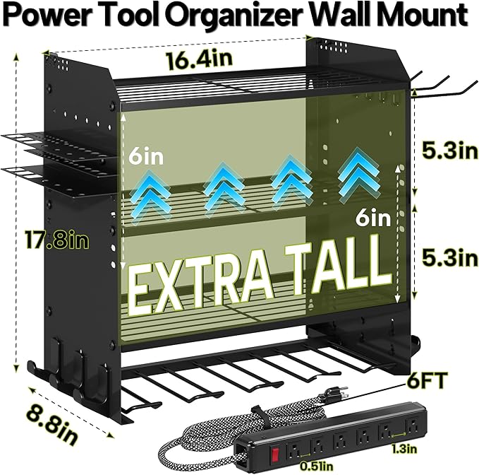 4 Layer Heavy Duty Power Tool Organizer Wall Mount with Charging Station, Adjustable Metal Storage Rack, 6 Outlets Strip, Drill Holders, Hooks & Drill Bit Rack for Garage, Workshop, Black