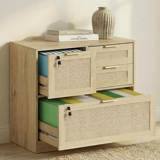 Lateral File Cabinets for Home Office, 4 Drawer Filing Cabinet with Lock, Wide Rattan Filing Organization Storage Cabinets with Printer Stand for Hanging Files/Letter/Legal/A4/F4 Size, Natural Wood