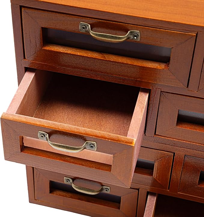 4PCs 16 Drawer Wooden Desk Top Organizer Cabinet, Desktop Drawer Storage Box, Vintage Wooden Storage Box, Tabletop Multi Storage Organizer, Use for Home & Office (Brown)