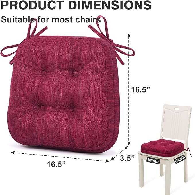 Shinnwa Kitchen Chair Cushions Set of 6, Dual-Layer Memory Foam Dining Chair Cushions, Patented Design Seat Pads with Ties, 16.5 x 16.5 x 3.5in, 6 Pack, Burgundy
