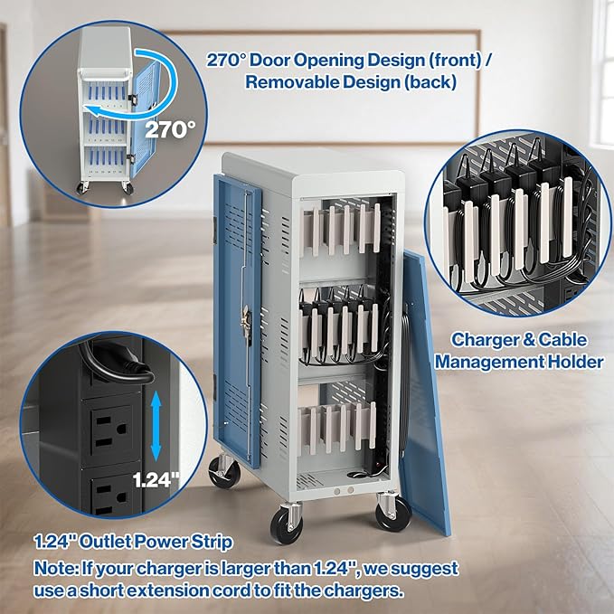 Fully Assembled 18-Device Charging Cart for Chromebook - Locking Laptop Cabinet with Cable Management, Cord Organization, Power Strip - Locks and Stores Tablets up to 14'' and 1.4'' Thick (Gray)