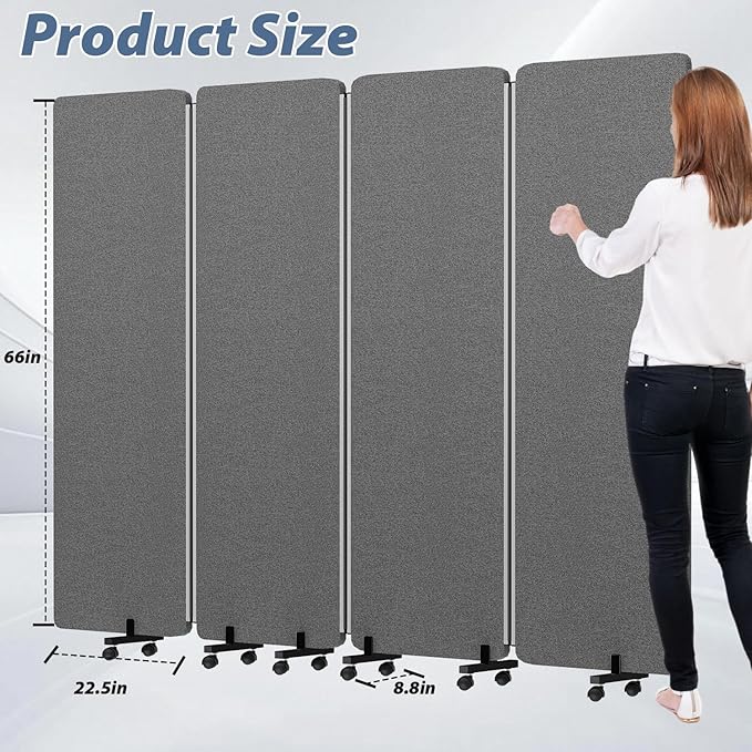 Room Divider Soundproof Privacy Panel with Wheels, 4 Panel Wall Divider (Aluminum Frame) for Room Partition, Folding Room Dividers Space Separation Office Cubicle Wall Divider Sound Proof Separator