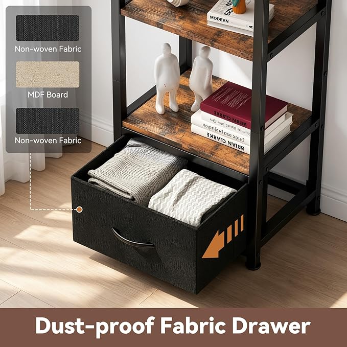 Housolution 6 Tier Bookshelf with LED Light, 60.6" Tall Narrow Corner Shelf Stand with Fabric Drawer, Bookcase Storage Organizer, Industrial Display Standing Shelf Unit for Living Room, Rustic Brown