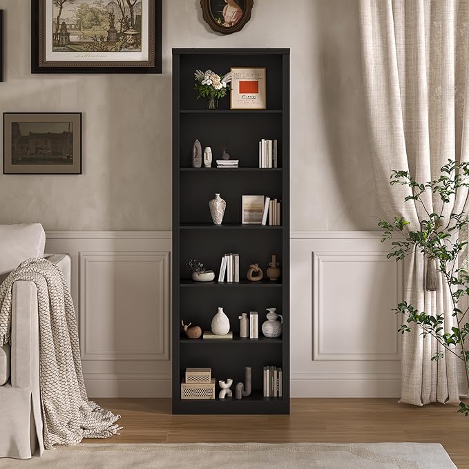 Wodeer Tall Bookshelf, 6-Tier Bookcase with 2 Adjustable Shelves, Modern Farmhouse Storage for Living Room, Entryway, Office, 23.6" W x 74.8" H x 10.6" D, Black