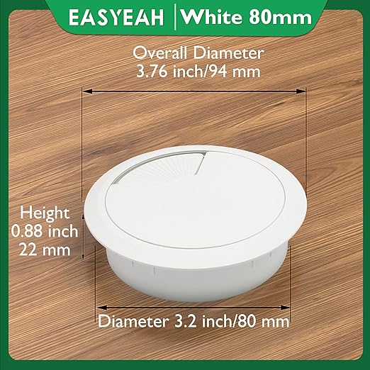 EASYEAH 5 Pcs Desk Grommet 3-1/8" / 80 mm, Desk Cord Hole Cover, Cable Grommet ABS Plastic, Desk Hole Grommet for Home & Office Pc, Detachable Adjustable Cable Cord Organizer-White