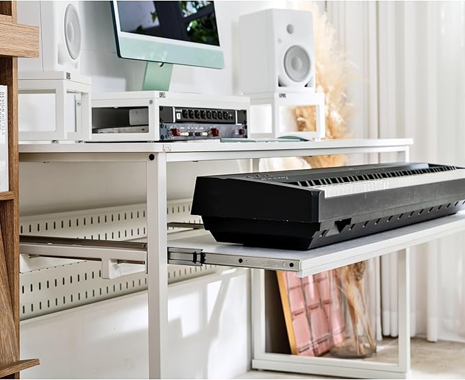 Music Studio Desk with Keyboard Tray and Height Adjustment Bracket, for Full 88 Keys (Music Producer Desk)(White, 88 Keys)