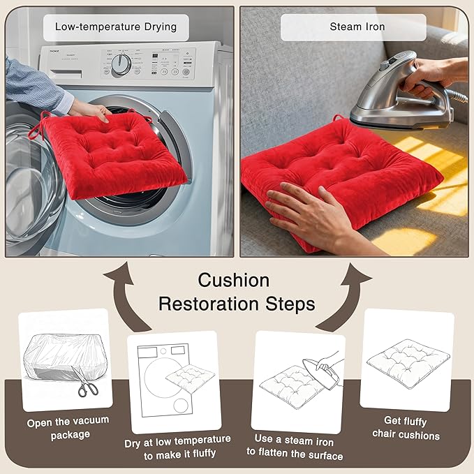 OVOV 2 Pack Chair Cushions for Dining Chairs Soft Seat Cushions for Kitchen Desk Chairs Square Chair Pads with Ties (15.5"x15.5" Red)