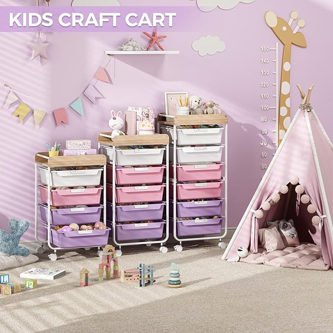 SYKIARIOL Rolling Storage Utility Cart With 4 Drawers,Kids Craft Art Cart,Makeup Organizer And Storage with Wooden Tabletop,Purple