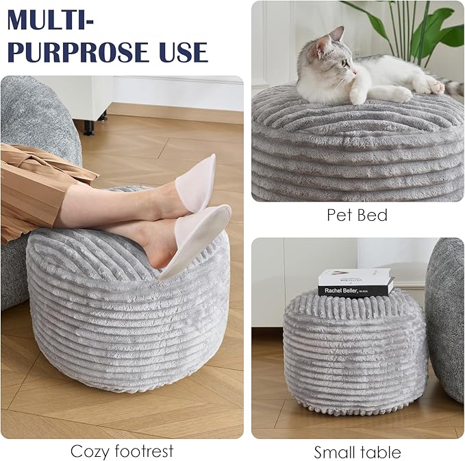 SHOUREN Stuffed Round Pouf Ottoman,Corduroy Foot Rest with Shredded Foam Filling, Lightweight and Fluffy Pouf Storage Ottoman for Living Room,Floor Poufs for Couch,18"x 14", Light Grey