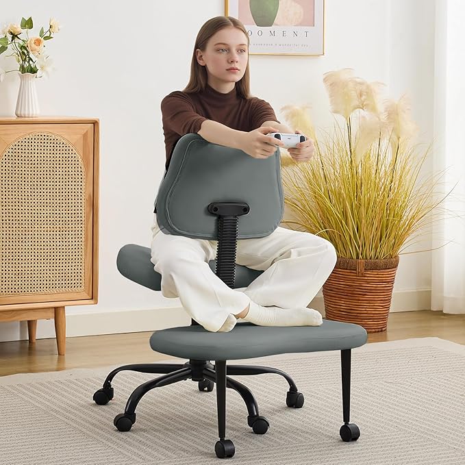 Criss Cross Legged Meditaion Chair,Exquisite Home Office Furniture,Ergonomic Kneeling with Lumbar Support and Adjustable Height Stool,for ADHD Adults,Teddy Fabric (Grey, Faux Leather)
