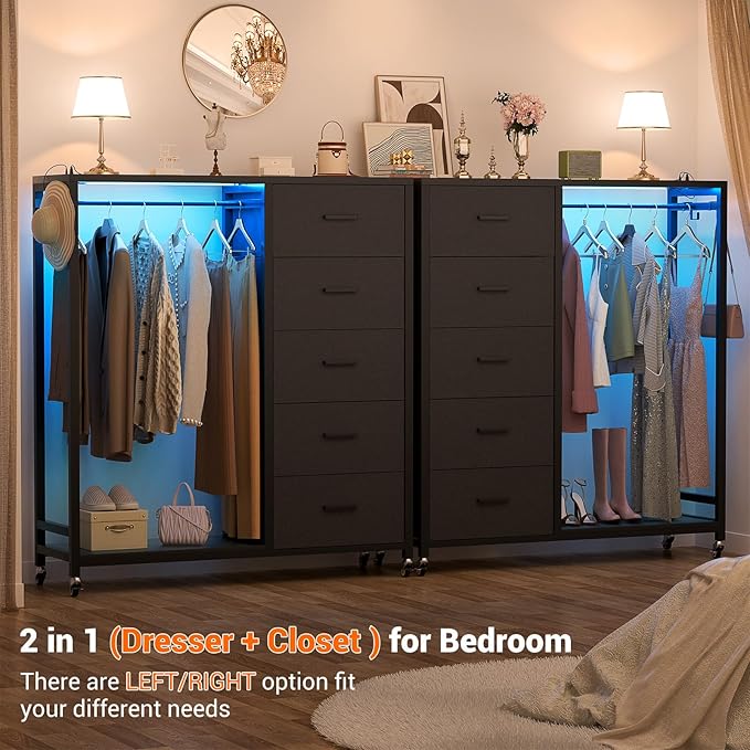Cyclysio Dresser with Hanging Rack, 5 Fabric Drawers Dresser with Clothes Rack, Wooden Top Storage Chest of Drawers with Charging Station & LED Lights, Lockable Wheels, Closet