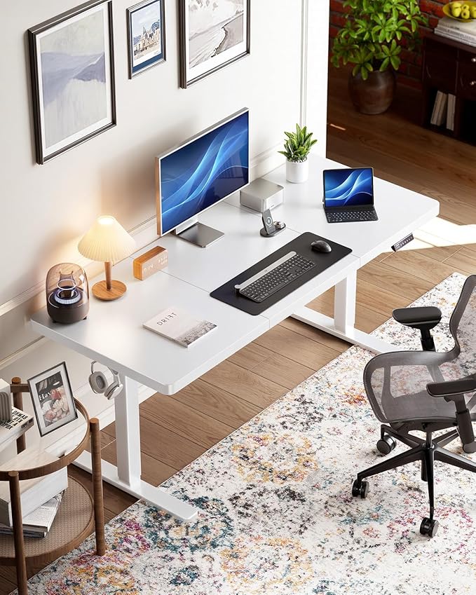 HUANUO 71 x 30 inch White Electric Standing Desk, Large Height Adjustable Table, 4 Memory Preset Sit Stand Up Desk, Powerful Brushless Motor Home Office Computer Table with Thick T-Shaped Frame