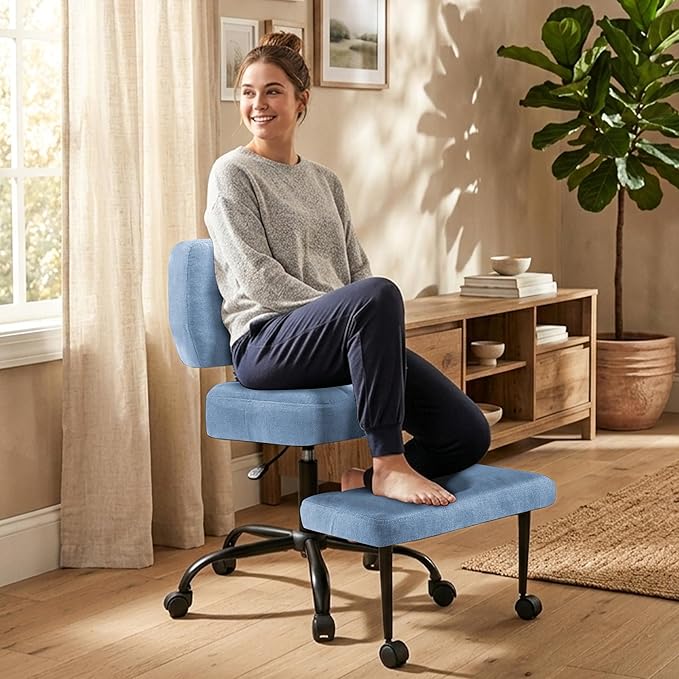 Ergonomic Criss Cross Legged Office Chair, ADHD Chair, 360° Swivel Meditation Kneeling Chair with Wheels, Adjustable Footrest, Bigger & Wider Height Adjustable Seat, Strong Lumbar Support, Bluecloth