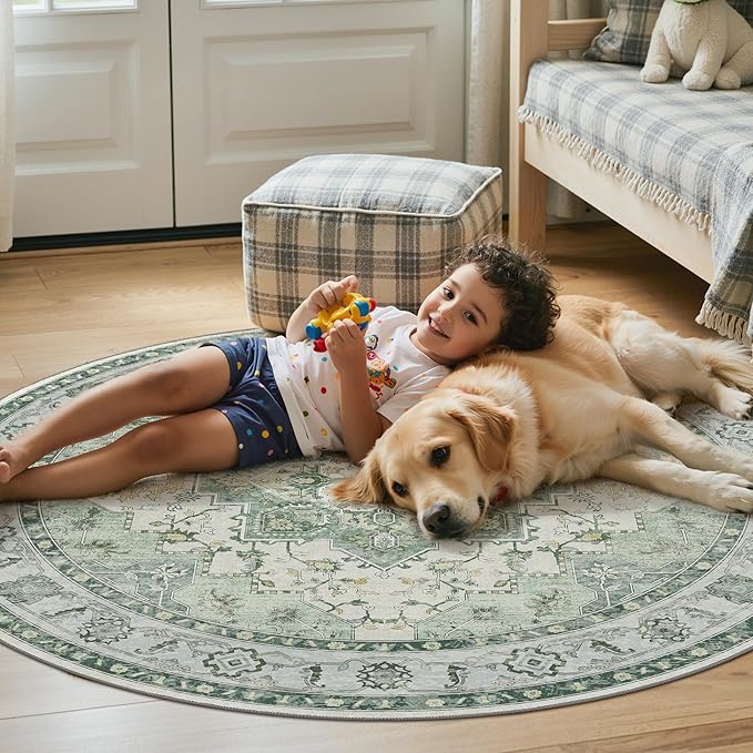 60"x60" Office Chair Mat for Hardwood Tile Floor, Under Desk Carpet Protector for Rolling Computer Chair Mat, Machine Washable Round Area Rug, Anti-Slip 1/5" Thick Low Pile Thin Floor Mat, Green