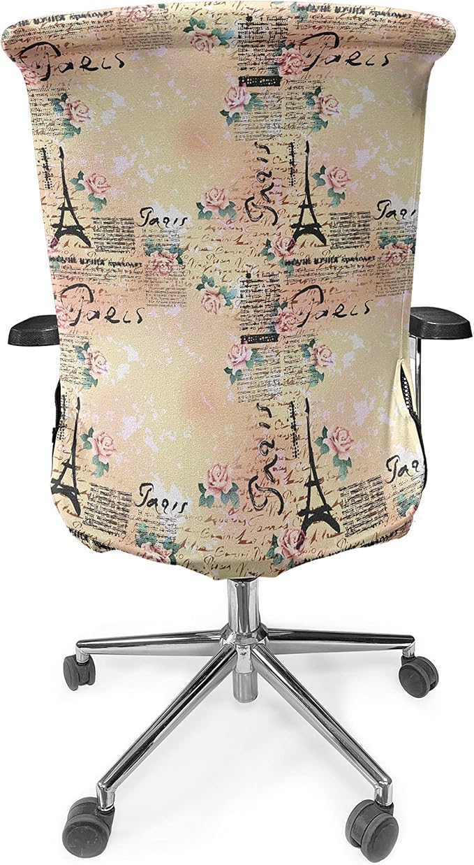 Ambesonne Modern Office Chair Cover, French Paris Themed Lettering with Floral Leaves Details Art, Stretchable Decorative Universal Size High Back Printed Slipcover, Pink Black