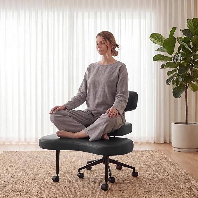 DUMOS Ergonomic ADHD Cross Legged Office Desk Chair with Adjustable Backrest, Height Adjustable Meditation Chair with 360° Swivel Footstool, PU Leather Yoga Stool for Home Office, PU Black