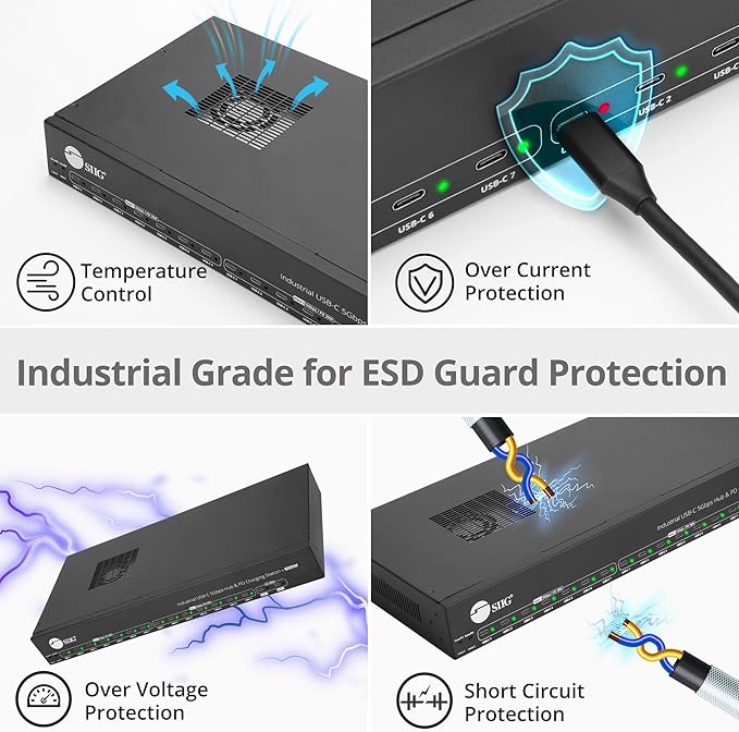 SIIG 16-Port Industrial 600W USB-C PD Charging Station Hub - 5Gbps Transfer Speeds, 30W 14-Port, 100W 2-Port, Metal, Surface Mountable Housing, Auto Fan Control, ESD Protection (ID-US0B11-S3)