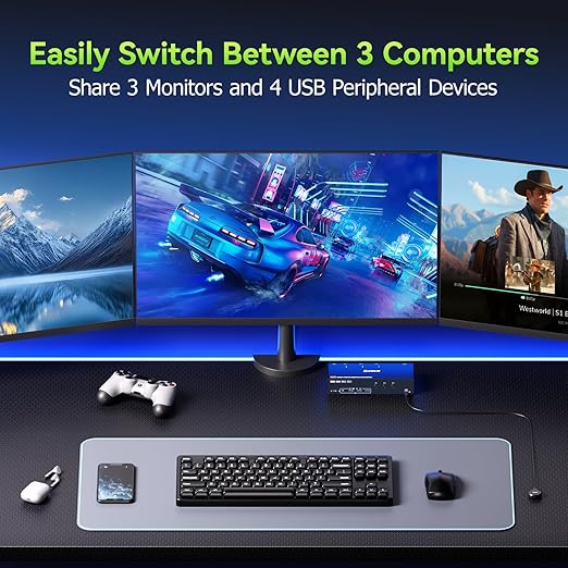 KVM Switch 3 Monitors 3 Computers 4K@60Hz,EDID Simulation,HDMI Displayport Triple Monitor KVM Switch,3 Monitor KVM with 4 USB 3.0 Ports for Keyboard Mouse, Wired Remote and 3 USB3.0 Cables Included