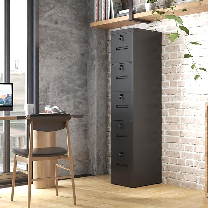 IKIMI 5 Drawer File Cabinet with Lock,Vertical Filing Cabinet with 5 Lockable Drawers,Black Metal File Cabinet for Home Office Steel File Cabinets for A4/Letter/Legal Size File,Assembly Required