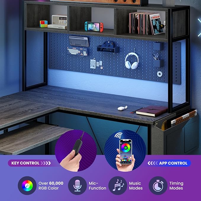 DUMOS L Shaped Gaming Desk 67", Reversible Computer Desk with LED Lights, Corner Desk for Small Spaces with Keyboard Tray & Storage Shelf, Metal Frame PC Gaming Table for Home Office Bedroom, Gray