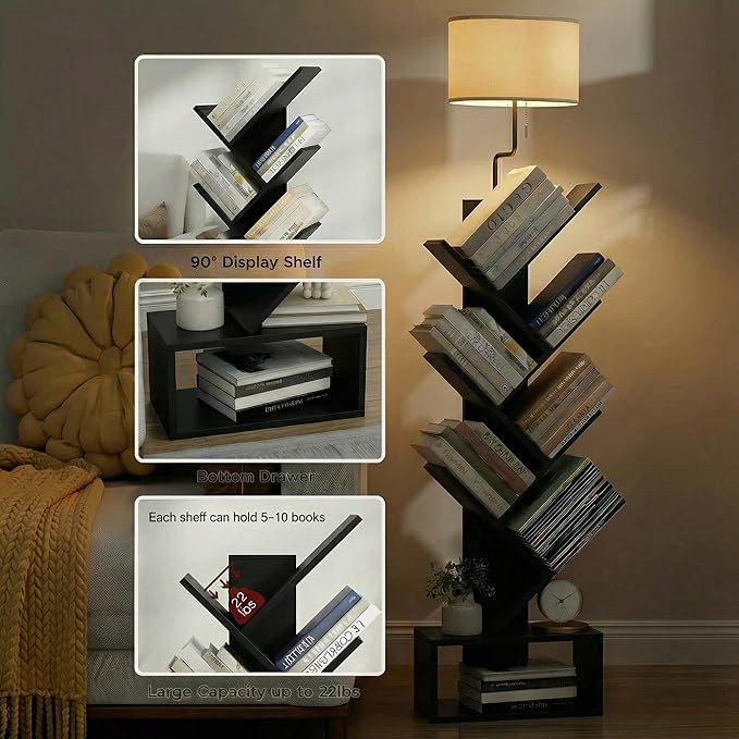 XBurmo 6 Tier Tree Bookshelf with Lights - Small Bookshelf Decor, Corner Bookshelf with Lamps, Living Room Storage, Tall Narrow DVD & CD Shelf, Comic Bookcases Standing for Bedroom or Office, Black