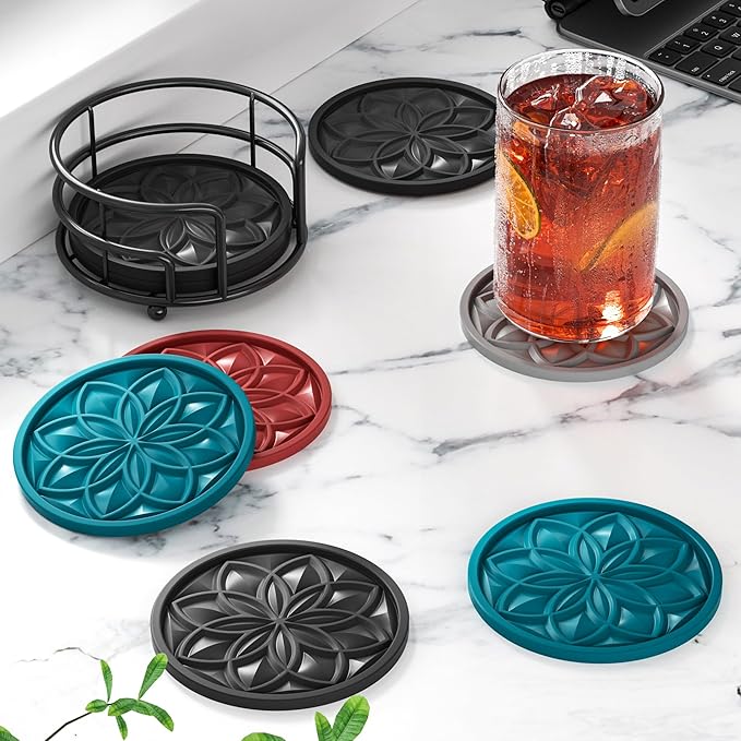 Drink Coasters Set of 6 Packs with Holder, HFHOME Round Black BPA Free Silicone with Non-Slip Bottom Fits Any Size Cup Mug or Glasses (Black)