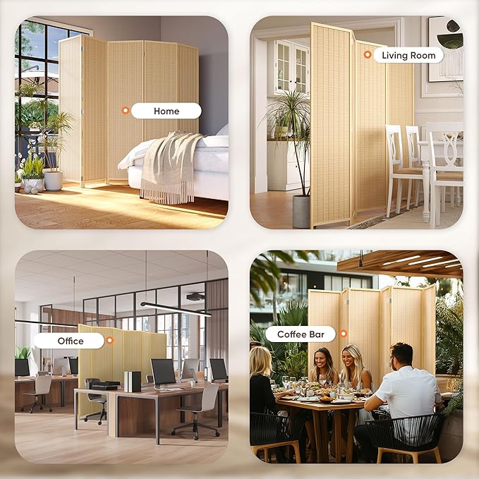 JOSTYLE Room Divider Folding Privacy Screen, 6 Panel Room Divider Screen - 6 ft. Tall Bamboo Divider Panel for Room Separation Freestanding Partition Wall, Beige, 70.9" H x 119" W