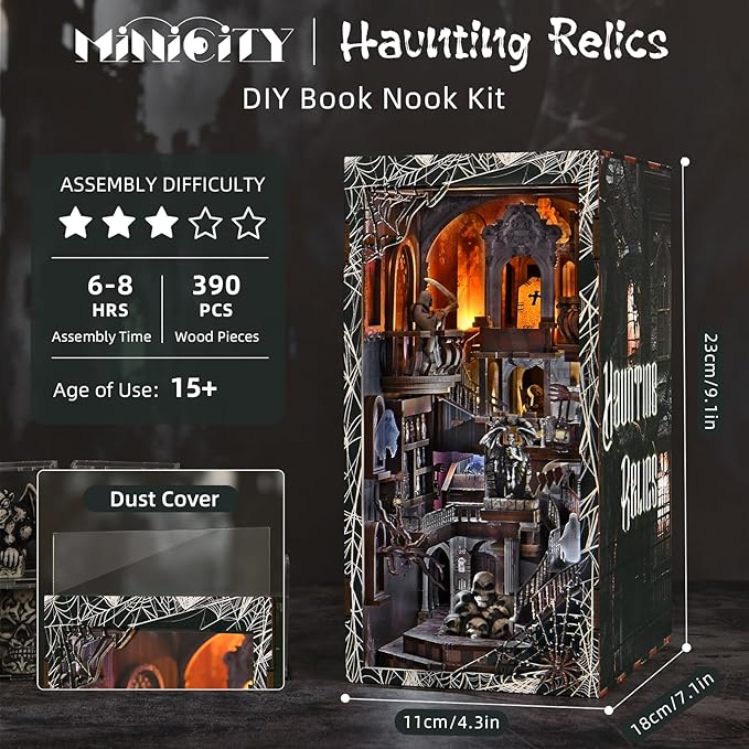 MiniCity Magic Booknook Building Set with LED Light, Mini Bookend Building Kit for Bookshelf & Home Decor, DIY Miniature Book Nook Building Model for Kids Adults Teens (Haunting Relics)