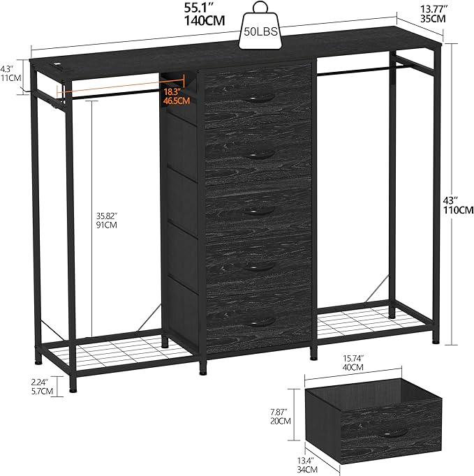 Espelism Dresser for Bedroom with Clothes Rack 5 Drawer Dresser with Charging Station LED Lights White Chest of Drawers Flexible Shelf and Open Storage Space for Bedroom Living Room (Charcoal Black)