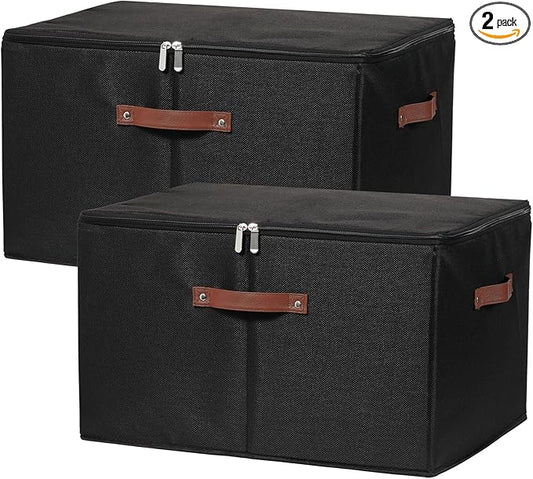 2 Pack Storage Bins with Zipper Lid Cotton Linen Fabric Lidded Storage Baskets Boxes Foldable Washable Closet Shelf Clothes Organizer Container with PU Leather Handles (Black, Jumbo Size)