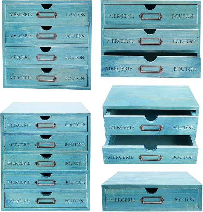 15-Drawer Wooden Desk Organizer Storage Box with Label Holders Vintage Wood Desktop Organizer, Desk Drawer Unit Collectors Box for Living Rooms, Bedrooms, Offices (Blue, 5PCS 15 Drawers)