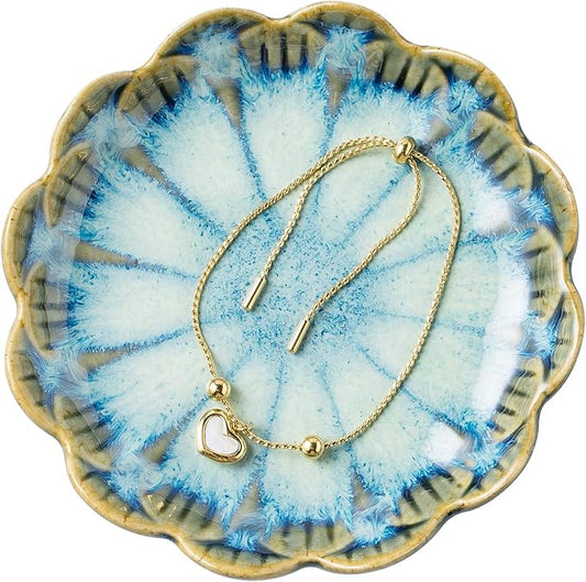 Jewelry Dish Tray, Ring Dish, Ceramic Trinket Tray, Key Bowl, Decorative Plate, for Friends Sisters Daughter Mother (Retro Blue)