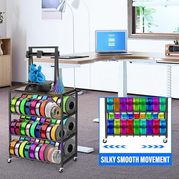 4-Tier 3D Printer Stand for Filament Storage,Heavy Duty 3D Printer Table Cart Holds 52 Spools,3D Printer Filament Rack with Wheels & Wood Top,3D Printers Cart for Workshop,Studio,Home Office (Brown)