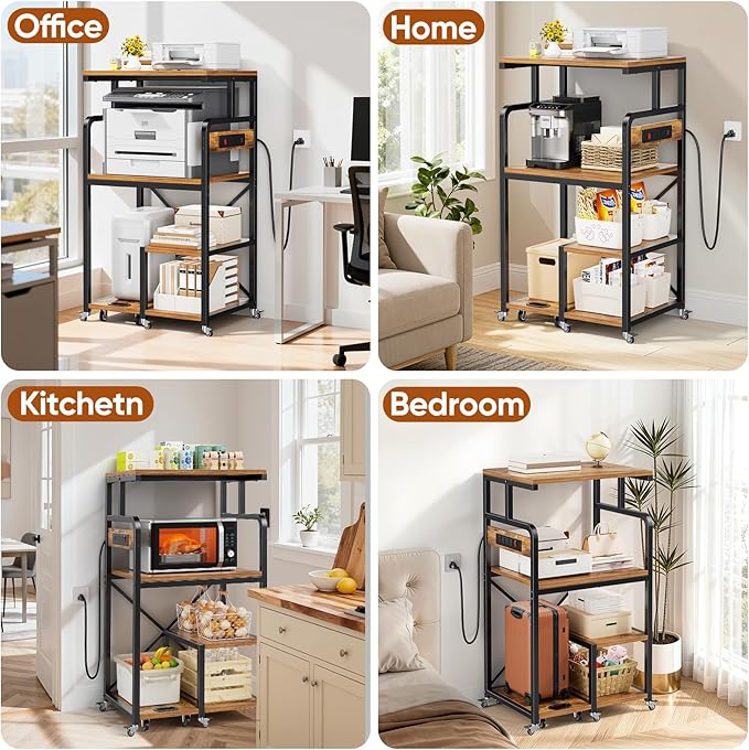 POKIPO Large 4 Tier Printer Stand, 26.7 x 21.2 x 50.2 Inches Tall Printer Cart with Power Outlets 4-Adjustable Heavy Duty Rolling Shelf for Home Office Kitchen Stand for Paper Shredder Mini Fridge