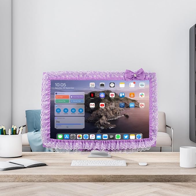 2 Pack Cute Computer Monitor Cover, 23''-26'' Elastic Monitor Dust Cover with Bow Knot, Lovely Monitor Accessories Screen Monitor Decoration for Tablet (Purple)