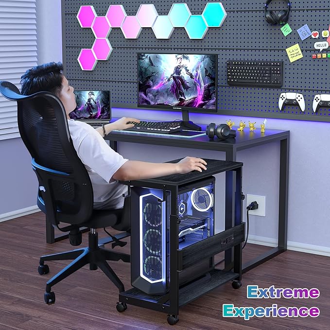 Height Adjustable Computer Tower Stand with Charge Station and USB Charging Port, 2-Tier ATX-Case Cart, Under Desk Mobile PC Stand, CPU Holder Cart with Locking Caster Wheels for Fits Most PC