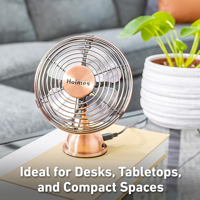 HOLMES 4" Mini Heritage Desk Fan, USB-Powered, Single Speed, 4 Blades, Adjustable 100° Head Tilt, Metal Construction, Ideal for Home, Dorm Rooms, Bedrooms, Office or Travel, Vintage Brushed Copper