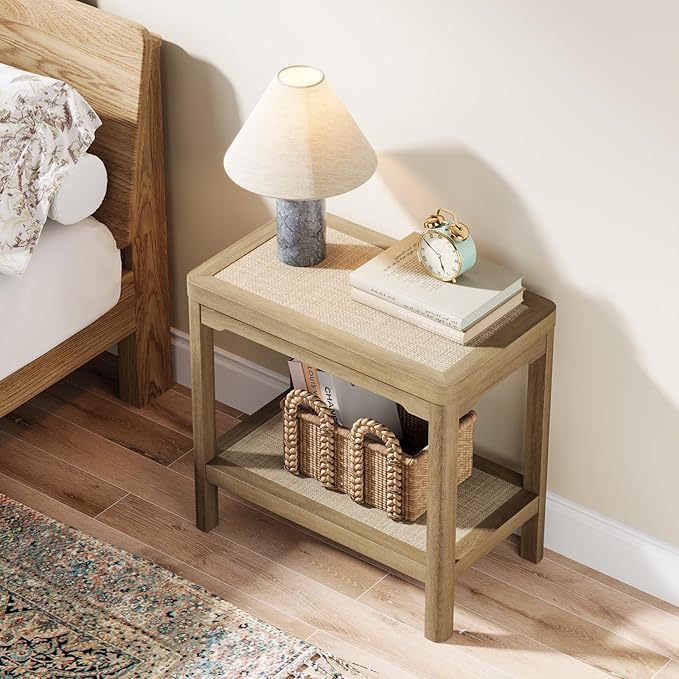 Eclatara Night Stand, Farmhouse End Table with 2 Tier Boho Rattan Shelves, Side Tables with Round Edge Design, Ultra-Thick Legs Bedside Nightstand for Bedroom, Caramel Oak