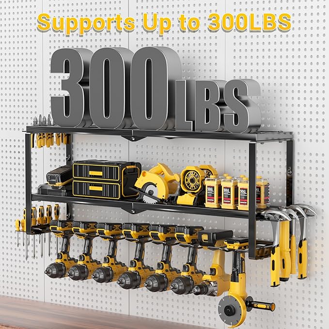 Power Tool Organizer Wall Mount Loads 300 lbs，Heavy Duty Metal 3 Layers Extra Tall Storage Rack with 8 Drill Holders & Battery Storage，Cordless Utility Tool Shelf for Garage, Workshop