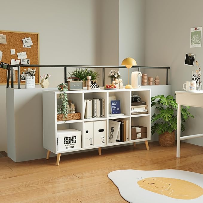 8-Cube Bookshelf 2 Tier Modern Bookcase with Legs, 11in Shelf Opening, 47" Wood Bookshelves Storage Organizer Shelf, Freestanding Open Book Shelves for Bedroom Living Room Office, White