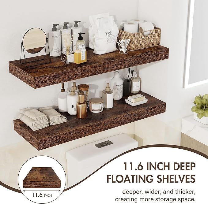 Acovy 55 Inch Floating Shelves, 12" Deep Floating Shelf Wall Mounted, 55" Wall Shelves, Rustic Deep Bookshelf, Extra Deeper & Thicker Display Shelves for Bedroom, Living Room, Brown, Set of 2